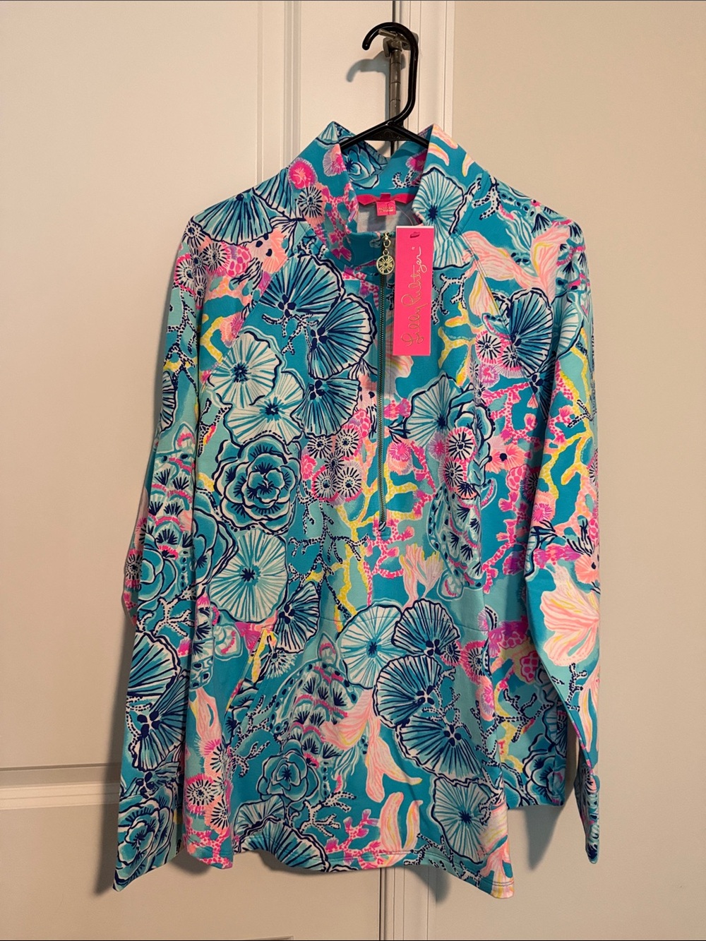 Lilly Pulitzer Teal Floral Half-Zip Popover with Pink Accents - Picture 1 of 3